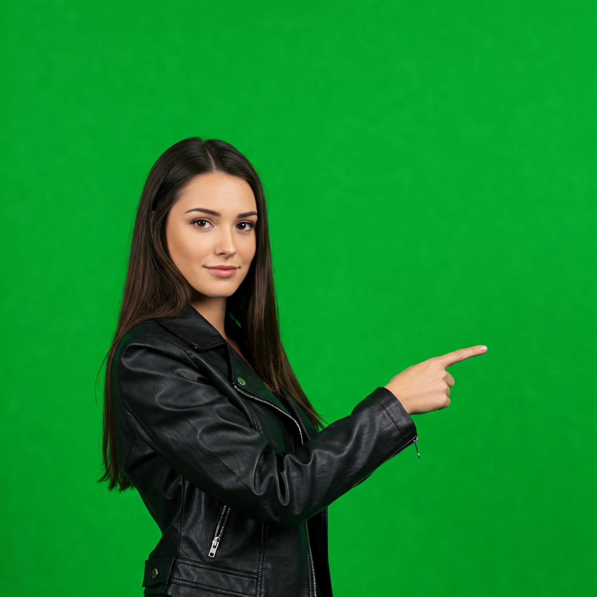 photo of Smiling Young Woman in Leather Jacket Pointing Right Against Green Screen
